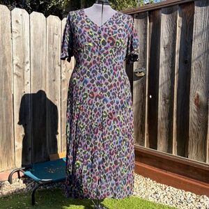 Grey with Rainbow Shadow Leopard Flute Sleeve Midi Tea Dress